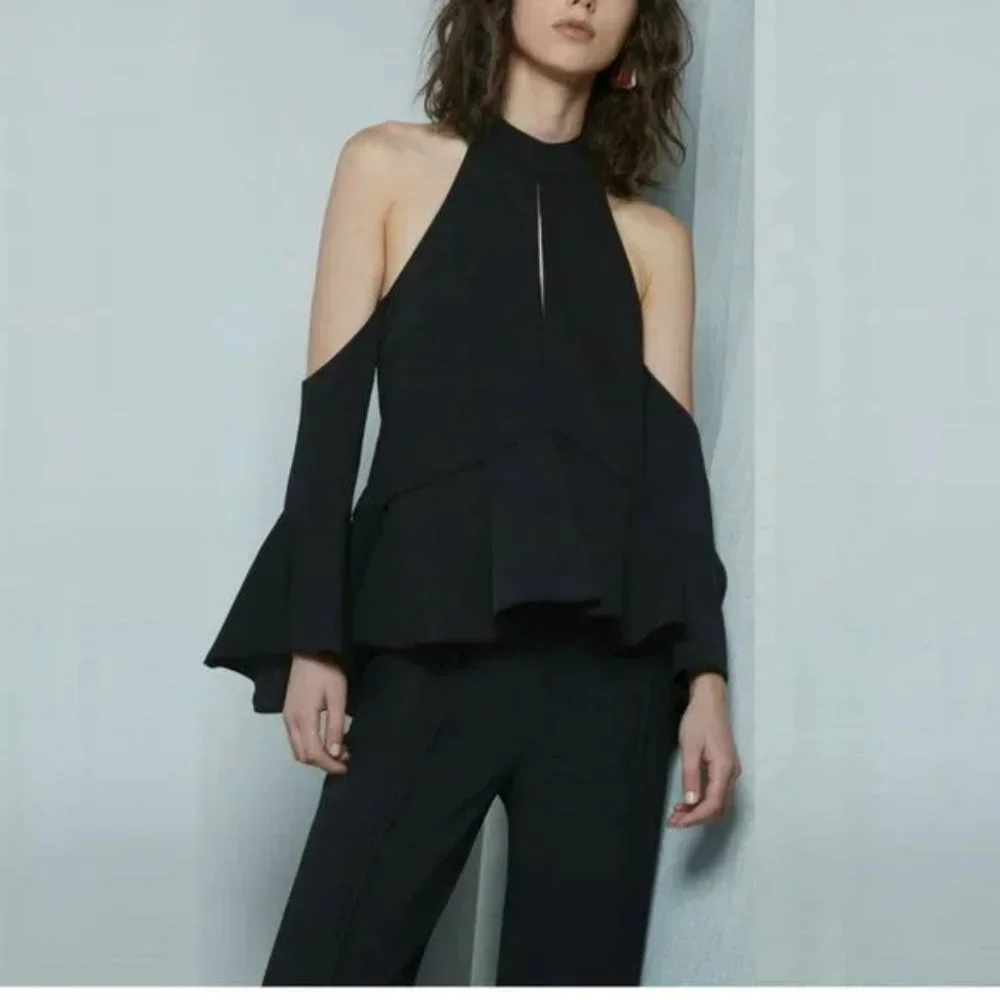 C/MEO COLLECTIVE Too Close Halter Bell Sleeve Cold Shoulder Black Top - Picture 1 of 12